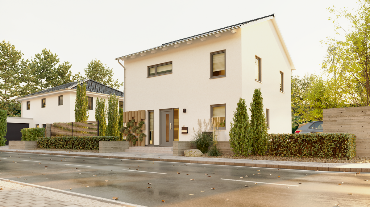 Außenansicht des Stadthauses Flair 124 von Town & Country Haus: kubische Architektur mit großzügigen Fensterflächen und stilvoller Fassade, ideal für urbanes Wohnen