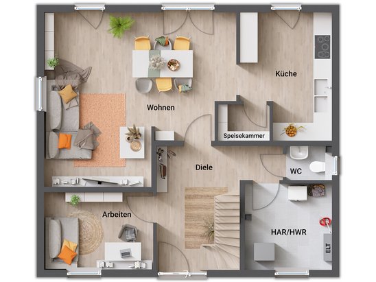 Flair 134 Erdgeschoss Grundrissvariante 3 mit Speisekammer Erdgeschoss des Flair 134 mit einer praktischen Speisekammer für zusätzlichen Stauraum.